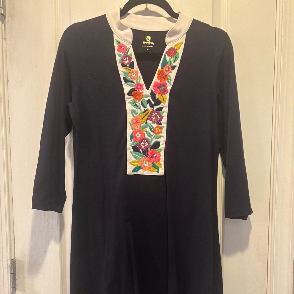 Spartina 449 Navy knee length Dress with Multicolor Floral Embroidered Placket